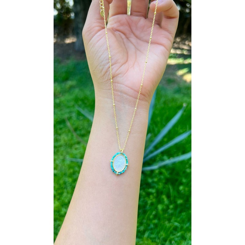 Cadena Con Dije Virgen Milagrosa y Turquesa – Victoria Fine Jewelry