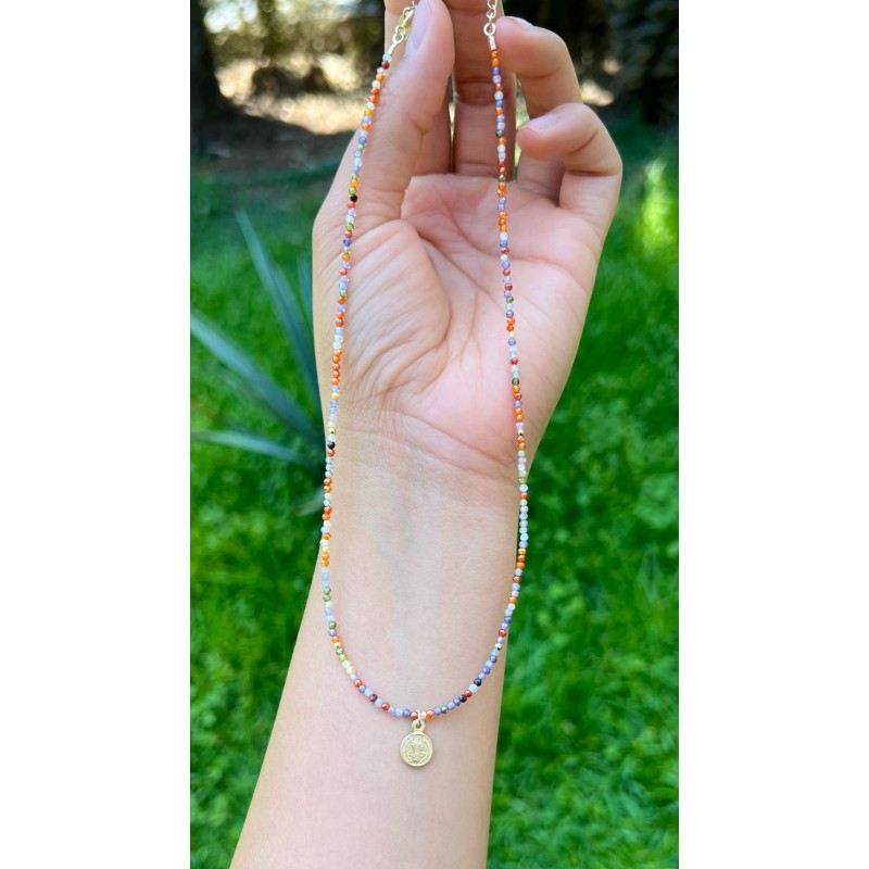Collar Piedras De Colores Con Dije San Benito – Victoria Fine Jewelry